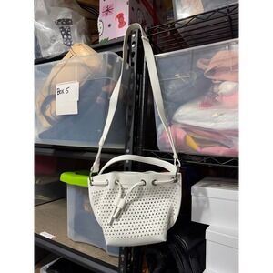 White Perforated Bucket Bag‎ Drawstring Top Handle Shoulder Strap